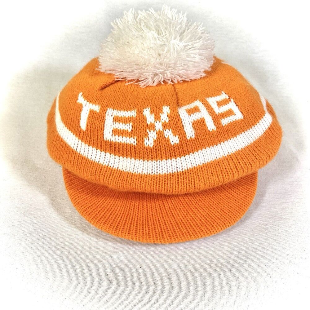 Vintage Texas Longhorns Orange Beanie Hat Knit Cap Pom Pom Beret